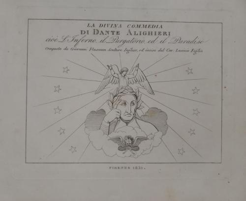 Frontespizio con illustrazione di Dante a cura di Giovanni Flaxman come tutte le altre  incisioni contenute nella cartella.